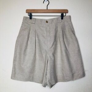 VTG L.L. Bean Womens Linen Pleated Shorts Size 18 Beige High Rise Pockets Summer